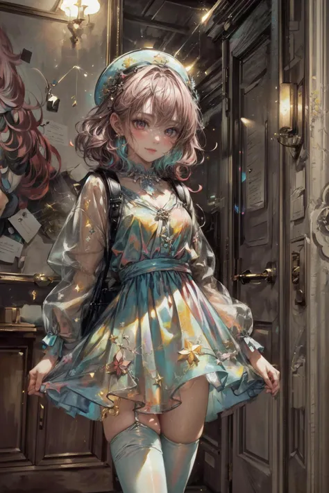 realistic, photorealistic, best quality, masterpiece, ultra high res, finely detailed, quality, realistic lighting, detailed skin, intricate details, raw photo, absurdres, highres, ultra detailed, BREAK, 1girl, solo, looking at viewer, , poster, portrait, close up, key visual, beautifu and aesthetic face, detailed background, detailed face, (detailed light, beautiful detailed glow, beautiful detailed ice, beautiful detailed water, beautiful detailed water wave, pink long hair, floating palaces, messy floating hair, colored inner hair, Starry sky adorns hair, lots of big colorful Bubble, bubbles around, bubble world, bubbles background, bubble galaxy, pearl, Galaxy, pink backpack, pink hairclip, pink heart, pink thighhighs, pink shoes, pink hair_ornament, pink_eyes, pink_bag, pink long_sleeves, pink hair, pink theme, short pink hair, holographic, reflecting light, glistening, shining, psychedelic style, dancer, neon colors, spotlight, pink transparent holographic clothing, night, black night, colorful, clean facial features, upper body, an extremely delicate and beautiful, cute & girly, beautiful detailed eyes, stars in the eyes:1.5), (nice hands, hand of Guido Daniele, sexy, slim, large breasts, skinny, slim_legs, long legs, narrow waist, model pose:1.3), (smile, blush, Pink lips, Glowing Eyes, perfect face, detailed pupils, Makeup:1.1), (eye focus, face focus, character focus, close-up face:1.3), (dynamic pose, dynamic angle, dutch angle, cowboy shot:1.4), (reflection, refraction, Rembrandt lighting, diffuse lighting, radiosity, photon mapping, subsurface scattering, atmospheric lighting, dynamic lighting, Multi-exposure HDR capture, Screen Space Global Illumination, Ray Tracing, Lumen Reflections, Tone Mapping, volumetric lighting, Circular polarizer, broad lighting, dramatic lighting, moody lighting:1.4), (explosive light and shadow, lens flare, light particle, lens glare, light particles, Luminescent Particles, floating particles, particles:1.3), (depth of field, blurry foreground, sharp focus, perspective, aerial perspective:1.4), (colorful refraction, iridescent colors, Iridescence:1.2), (dark studio, rim lighting, two tone lighting, dimly lit, low key, rim light), (watercolor style, soft blending, dreamy washes, delicate textures, brilliant colors, action painting, gestural marks, dynamic brushwork, expressive motion, spontaneous technique, abstract expressionism, energetic compositions, action pose, vibrant glow, dynamic colors, reflective surfaces, girly style, delicate accessories, Overdetailed art, Water color painting, ornaments detailed:1.1), (atmosphere, Cosy, Peaceful, Hopeful:1.2), (Glowing ambiance, enchanting radiance, luminous lighting, ethereal atmosphere, mesmerizing glow, evocative hues, captivating coloration, enchanting aura, melanchonic soft light:1.4), official art, beautiful and aesthetic, beautiful, (zentangle, mandala, tangle, entangle), (ecstasy of flower:1.2), the most beautiful form of chaos, elegant, a brutalist designed, vivid colours, romanticism, atmospheric, warm tone, soft light, (fractal art), BREAK, film grain, film, delicate, Ultrarealistic, drawing, Detailed illustration, extremely detailed CG Unity 8k wallpaper, cinematic, dramatic, PBR Texturing, huge filesize, 8k uhd, octane render, unreal engine 5, BREAK, <lora:epiNoiseoffset_v3:1>, <lora:add_detail:0.5>, <lora:more_details:0.5>, <lora:GoodHands-beta2:1>, <lora:holov7:0.8>, <lora:idc128dim-epoch-000007:0.85>