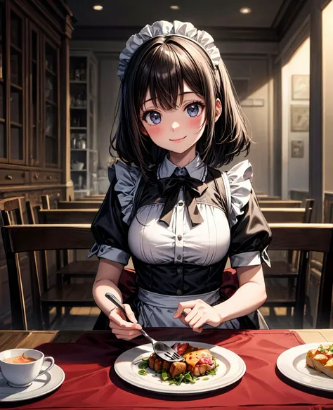 (masterpiece, best quality), (absurdres:1.2), (ultra detailed, 8K, ultra highres:1.2), 1girl, <lyco:more_details:0.8>, maid costume, smile, serving, dinner, table, tablecloth, indoor, dishes
