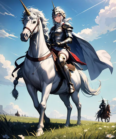 (masterpiece, best quality), (absurdres), (ultra detailed, 8K, ultra highres:1.2), 1girl, <lora:more_details:0.5>, (Ride of the Valkyries), armor, helmet, dynamic pose, cinematic composition, fighting stance, holding sword, battlefield, grass field, (knights and warriors background:1.2), fantasy, (riding white unicorn)