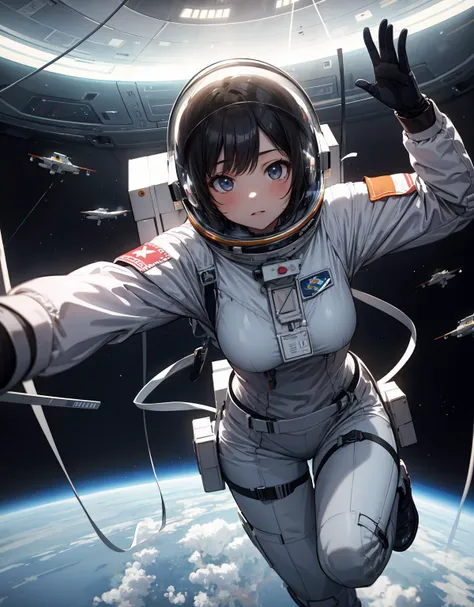 (masterpiece, best quality), (absurdres), (ultra detailed, 8K, ultra highres:1.2), <lora:more_details:0.5>, 1girl, dynamic pose, cinematic composition, (sci-fi:1.3), space, in spaceship, zero-gravity, astronaut costume, helmet