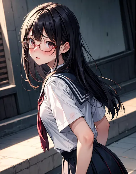 (masterpiece, best quality), (absurdres), (ultra detailed, 8K, ultra highres:1.2), 1girl, <lyco:more_details:0.5>, blush, (anguish:1.2), school uniform, under-rim eyewear, long hair, dramatic lighting, looking at viewer, from side, cowboyshot, (hands behind back)