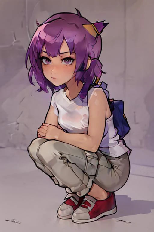 (masterpiece, best quality), 1girl, Smoky Purple Mohawk with Shaved Sides, small breasts, Cherry Button-up shirt and Cargo jogger pants, bare, Crouching with arms wrapped around the knees., <lora:LoodnCrood:1>