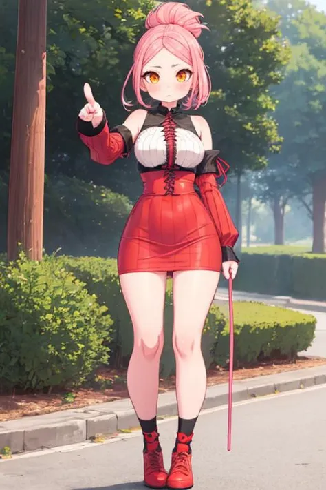 (masterpiece, best quality), 1girl, Pastel Pink Slicked-Back Taper Cut with Side Part, Size A breasts, Orange-red Puff-sleeve peasant blouse with a lace-up front. and Fitted bodycon skirt with a ribbed texture, tube socks, Standing with one arm raised, pointing in the distance, <lora:kionant:1> kionant
