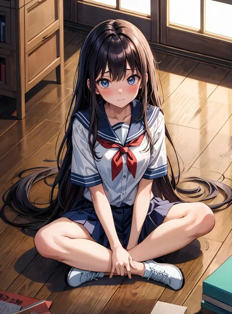 (masterpiece, best quality), (absurdres:1.2), (anime illustration:1.2), (ultra detailed, 8K, ultra highres:1.2), 1girl, young, slim, long hair, sitting on wooden floor, indian style sitting, cinematic composition, <lyco:more_details:0.5>, blush, embarrassed, school uniform, skirt, shot from above, upturned eyes, looking at viewer