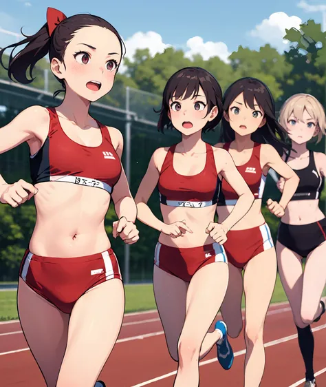 1girl, running, slim thighs, navel, track and field, 3+girls background