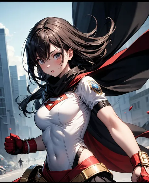 (masterpiece, best quality), (absurdres), (ultra detailed, 8K, ultra highres:1.2), <lora:more_details:0.5>, 1girl, dynamic pose, cinematic composition, superhero costume, fighting stance, punching, chaotic background, long hair, cape