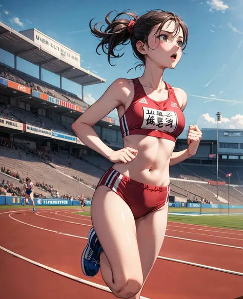 (masterpiece, best quality), (absurdres:1.2), (ultra detailed, 8K, ultra highres:1.2), 1girl, (cinematic composition), <lyco:more_details:0.5>, track and field, running, athlete, navel