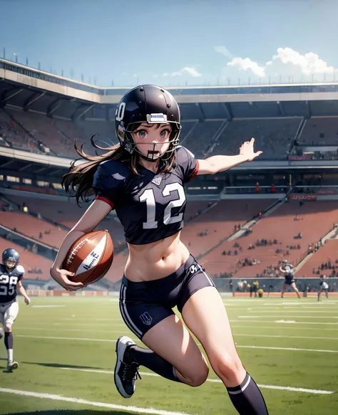 (masterpiece, best quality), (absurdres:1.2), (ultra detailed, 8K, ultra highres:1.2), 3girls, <lyco:more_details:0.5>, american football costume, ball, tackle, running, touch down, navel, field, long hair, QB, passing, helmet