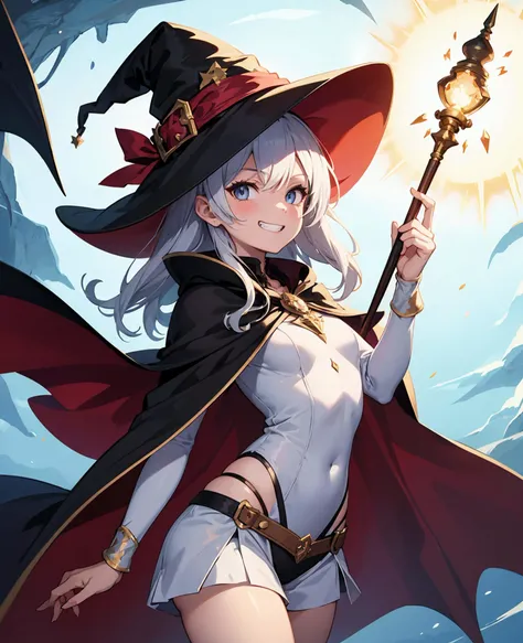 1girl, fantasy, witch, hat, cape, casting spell, magic, holding magic wand, evil grin
