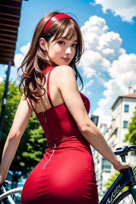 best quality, ultra-detailed, masterpiece, finely detail, highers, 1girl, blush, looking_at_viewer, looking_back, bike, on_bicycle, riding, road, smile, puffy lips, solo, side bangs, red hairband, red mini sleeveless dress, medium hair, green eyes, building, city scape, cloud, cloudy_sky, day