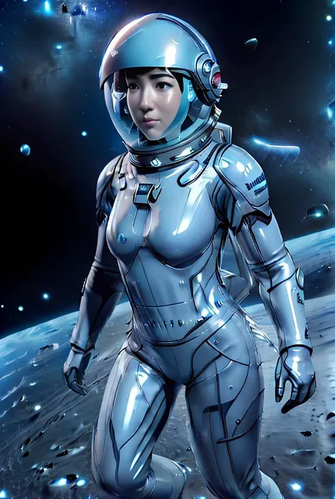 (masterpiece、best quality、Highest resolution、Clear_image、detailed details): (full body picture、15 year old girl、Japanese face、Small face、thin、Navy blue short bob、blue eyes、((Navy long sleeve space suit、space helmet))、earphone、Cosmic Tote Bag、Cute type、gentle smile、soft expression、earphone、(((knee high boots)))、Gloves come to elbow length、Shooting at eye level、Directly face、woman on spaceship), (((camel toe))), ((Plain white tights))