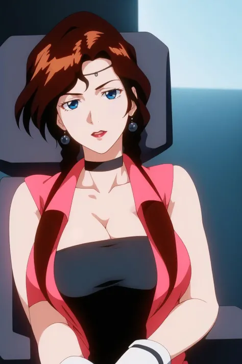 (Night:1.7),a space battleship in space,
sitting on a White_armchair,sitting at attention,
Pink jacket,Black_crop_top, black pants ,gloves,cleavage, bare shoulders, sleeveless, skirt,
<lora:Rosa_Intenso_Gundam_X-KK77-V1:0.7>,earrings,jewelry,choker,
bangs,blue eyes,brown hair, long hair, twin braids, hair ornament, hair scrunchie,
1 girl, 20yo,Young female,Beautiful Finger,Beautiful long legs,Beautiful body,Beautiful Nose,Beautiful character design, perfect eyes, perfect face,
looking at viewer, in the center of the image,(Upper_body),(close-Up),(Focus on her face),
official art,extremely detailed CG unity 8k wallpaper, perfect lighting,Colorful, Bright_Front_face_Lighting,
(masterpiece:1.0),(best_quality:1.0), ultra high res,4K,ultra-detailed,
photography, 8K, HDR, highres, absurdres:1.2, Kodak portra 400, film grain, blurry background, bokeh:1.2, lens flare, (vibrant_color:1.2)
(Beautiful,large_Breasts:1.4), (beautiful_face:1.5),(narrow_waist),