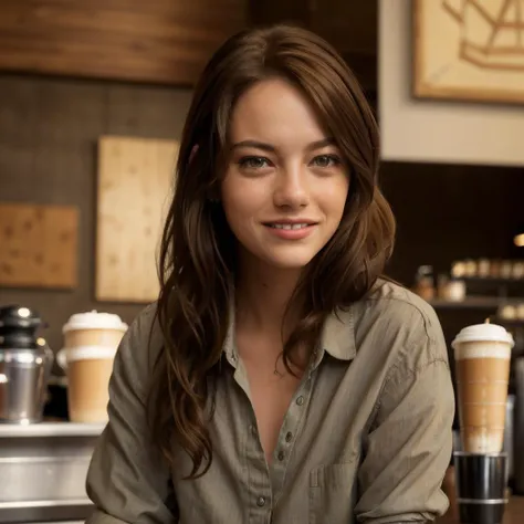 <lora:Emma_Stone:1> 3mm4s, looking at viewer, light smile, coffee shop, (best quality:1.35), (masterpiece:1.45), (detailed:1.15), (realistic:1.2), cinematic light, side lighting, lightroom, cinematic, HDR, RAW, 8K, photo-realistic, detailed hair texture, detailed skin texture, F 2.8. 85mm,