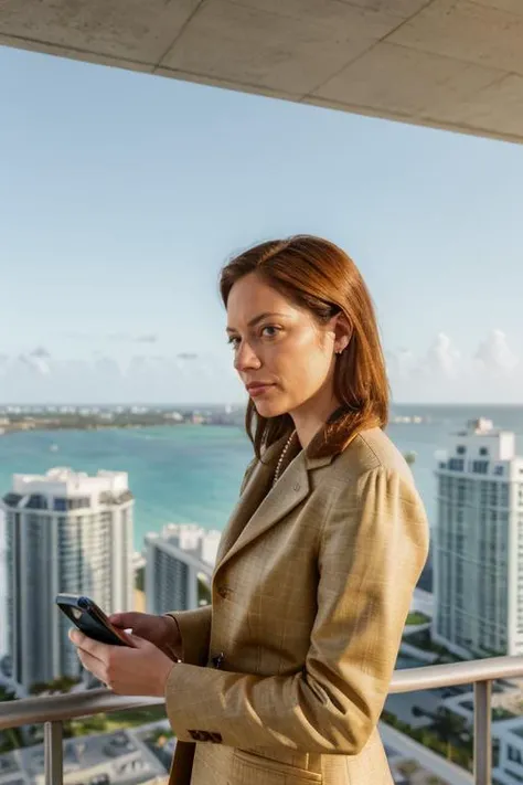 a high quality realistic portrait photo of 3mm4s, a woman in a suit looking at his cell phone while standing on a balcony, rich deep colors, Miami, view from above, noon sunlight, textured skin <lora:3mm4s:1> <lora:epi_noiseoffset2:-1>