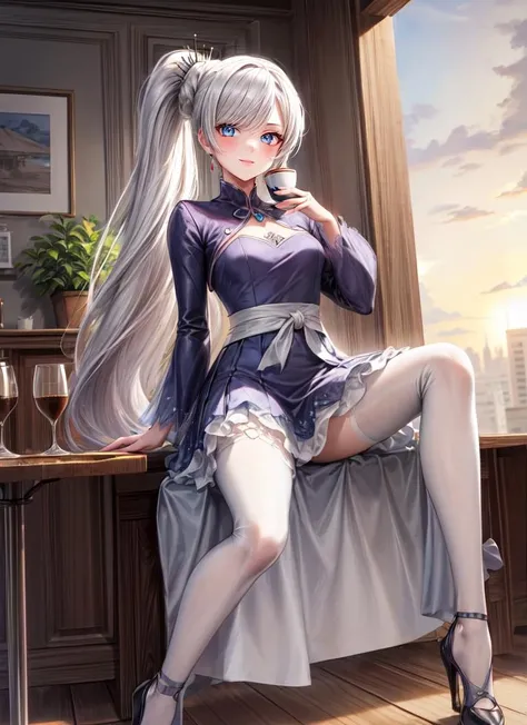 ((best quality)), ((highly detailed)), masterpiece, absurdres, (detailed eyes, deep eyes), <lora:more_details:.4>, (1girl), <lora:fromBelowPOV_v1:1>, from_below, foreshortening, looking at viewer, looking down, full body, <lora:hairdetailer:.8>, <lora:weiss_schnee:.9>, weiss_schnee, long hair, side ponytail, ponytail, blue eyes, smiling, jewelry, dress, (in a cafe, coffee, dawn, sunrise)