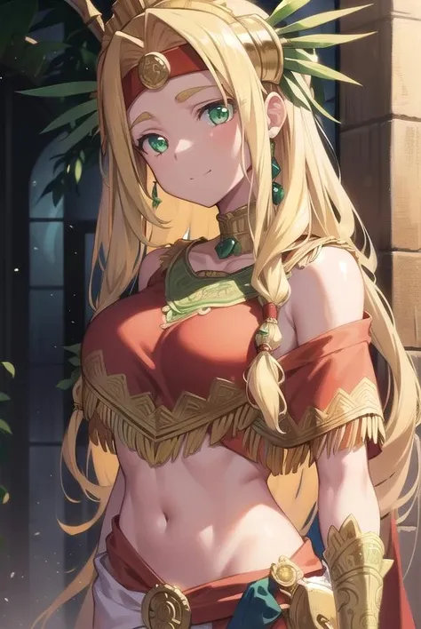 quetzalcoatl, quetzalcoatl, long hair, sidelocks, yellow hair, (green eyes:1.5), wavy hair, (large breast:1.2),
BREAK aztec, bracelet, choker, headband, headdress, jewelry, midriff, navel, short sleeves, wristlet,
BREAK looking at viewer,
BREAK outdoors,
BREAK (masterpiece:1.2), best quality, high resolution, unity 8k wallpaper, (illustration:0.8), (beautiful detailed eyes:1.6), extremely detailed face, perfect lighting, extremely detailed CG, (perfect hands, perfect anatomy),