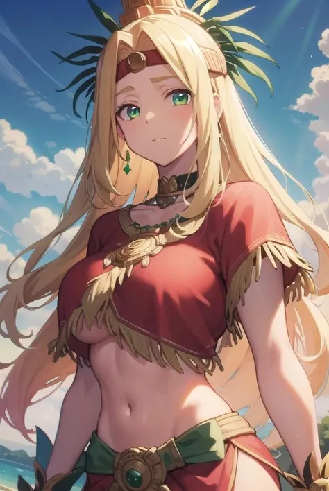 quetzalcoatl, <lora:quetzalcoatl-lora-nochekaiser:1>,
quetzalcoatl, long hair, sidelocks, yellow hair, (green eyes:1.5), wavy hair, (large breast:1.2),
BREAK aztec, bracelet, choker, headband, headdress, jewelry, midriff, navel, short sleeves, wristlet,
BREAK looking at viewer,
BREAK outdoors,
BREAK <lyco:GoodHands-beta2:1>, (masterpiece:1.2), best quality, high resolution, unity 8k wallpaper, (illustration:0.8), (beautiful detailed eyes:1.6), extremely detailed face, perfect lighting, extremely detailed CG, (perfect hands, perfect anatomy),