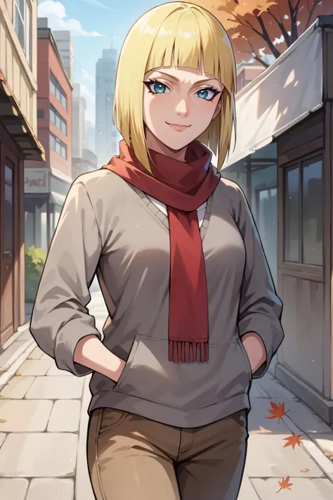 score_9, score_8_up, score_7_up, score_6_up, source_anime BREAK 1girl, solo, <lora:samui-pdxl-nvwls-v1-000005:1> samui, blonde hair, looking at you, grey sweater, turtleneck, red scarf, brown pants, hands in pockets, smile, closed mouth, autumn, city