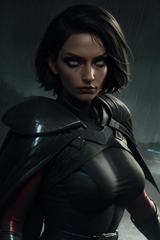 Trilla, short hair, green eyes, eye bags, eye shadow, looking at viewer, serious,
upper body, close up,
TriArmor,cape,,armor,black gloves,tight bodysuit,black footwear,black cape,black pants,
raining,metal platform,night,
(insanely detailed, beautiful detailed face, masterpiece, best quality),<lora:Trilla:0.7>,