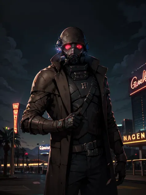 4K, Masterpiece, highres, masterpiece, best quality, post-apocalypse, solo, 1boy, NCR-Rangerarmor, green eyes, glowing eyes, outdoors,(midnight:1.2), vegas casino, <lora:NCR-Rangerarmor_v10:0.9>, golden suit, golden tuxedo, formal_dress,