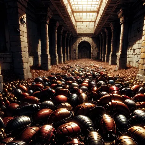 onlyScarab,no humans,only scrabs,filled with crowd of scarabs in narrow brick room,crowd of scrabs,too many scarabs, titleScarab,crowd of scarabs in dungeon