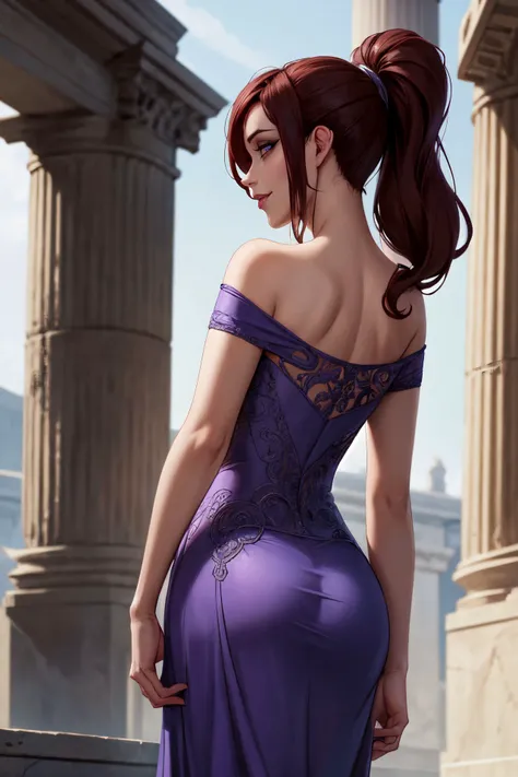 megherc, 1girl, lips, (long dark auburn hair:1.3), ponytail, purple eyes, eyeshadow, long greek purple dress, bare shoulders, detailed skin, detailed eyes, finely detailed hair, (from behind, looking over shoulder, presenting ass:1.7), gorgeous, detailed intricate face, photorealistic, intricate detail, athletic, (abs:0.2), (small demure smile), greek temple, (highly detailed background:1.1), sharp focus, volumetric lighting, subsurface scattering, (OverallDetail:1.2), EyeDetail, HairDetail, <lora:megara_v1-04:0.44> <lora:detail_slider_v4:0.8>
