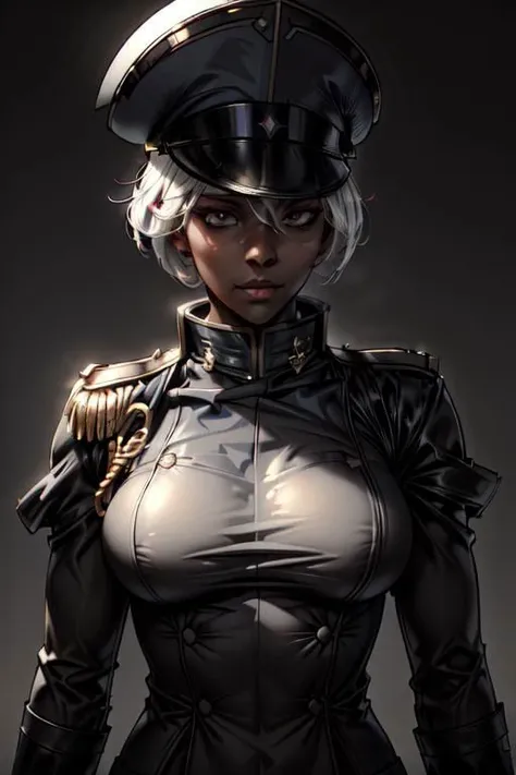 (masterpiece),
warhammer_40k_commissar,
navy (((military outfit))), medals, colar, buttons, shoulders padding,
upper body,
WhiteboxStyle,
hat,
perfect feature face,
background of central park,
WhiteboxStyle,
((dark skin)),
(white hair), short hair, floating hair,
looking at viewer,
((sexy pose)), proud mood,
perfect eyes,
HDR, realistic, intricate details,