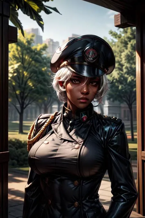 (masterpiece),
warhammer_40k_commissar,
navy (((military outfit))), medals, colar, buttons, shoulders padding,
upper body,
hat,
perfect feature face,
background of central park,
WhiteboxStyle,
((dark skin)),
godly light
(white hair), short hair, floating hair,
looking at viewer,
((sexy pose)), proud mood,
perfect eyes,
HDR, realistic, intricate details,