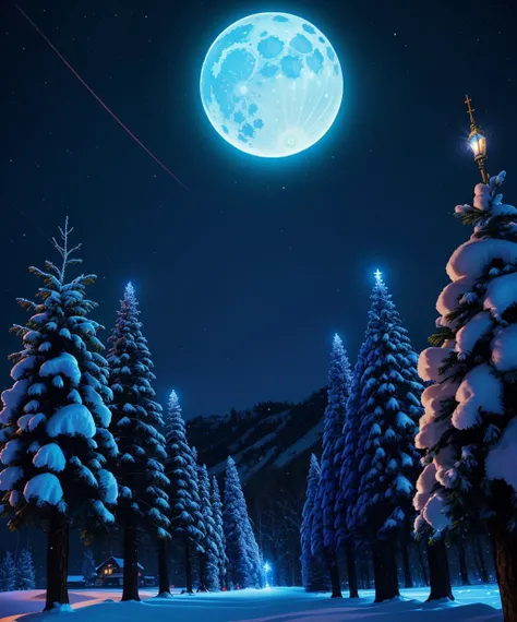 Christmas night, winter wonder land, snow, moon light, cinematic, epic lighting, holy night, night sky, Christmas eve, landscape, UFO, award winning photo of the holy Christmas spirt