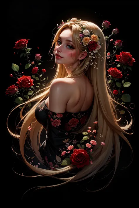 best quality, masterpiece, 1 girl, (head tilted back:1.2), abstract, (surrounded by blossoming flowers:1.2), (flowers, floral theme:1.25), (blonde hair, mid parted hair, straight hair, long hair:1.2), pronounced blush, beautiful green eyes, simple black background, perfect lighting, smooth lighting, (mandala, chaotic patterns, abstract), (fractal art), looking at viewer from side, from side, (flowers, roses:1.25), the most beautiful form of chaos, elegant, a brutalist designed, vivid colour, ecstasy of musical notes, streaming musical notes visible, pxint detailed eyes, beautiful <lora:AbstractPortrait_50_R:0.7>