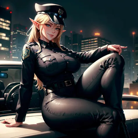 (masterpiece),elf female, full body, black line art, ((modern police uniform)),big breasts, police uniform pants, police uniform shirt, big ass, big thighs, talking, smug smile, fantasy city streets on the background, cinematic lighting, sitting in a police car