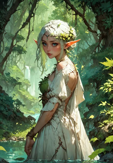 score_9, score_8_up, score_7_up, score_6_up, score_5_up, score_4_up,<lora:Fant5yP0ny:0.8>, 1girl, elf princess, white hair, beautiful, cute forest dress, leaves, green hair, river background, fantasy,