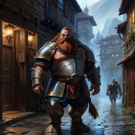 Dwarven warrior in heavy armor exploring, dwarf, short:1.2, stocky, broad shoulders, one character, in the style of Larry Elmore, <lora:Dwarf_Diffusion:0.6>, (Fantasy art :1.3), Ethereal fantasy concept art, magnificent, celestial, ethereal, painterly, epic, majestic, magical, fantasy art, cover art, dreamy, upper body view, Garibaldi beard, rain-soaked cobblestone alley in old town, full armor <lora:HeightRatioSlider_v2:0>, colorful chaos, vivid colors, striking visual design, <lora:add_detail:0.75>, <lora:sharpen-soften:-0.2>, <lora:stylesqueeze_v2:0.25>, <lora:realistic:0.25>,