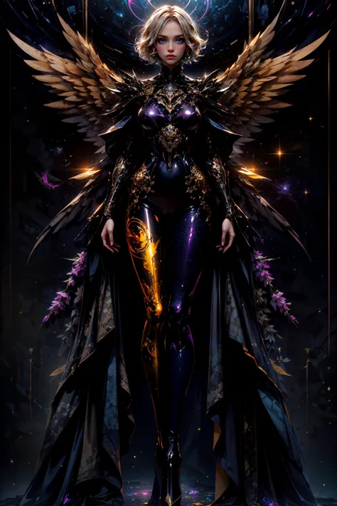 (best quality, masterpiece, realistic, detailed), cyber enhanced female cyborg wearing (navy blue cosmic glam bodysuit:1.1) (glimmering galaxy leggings with space odyssey hues:1.1), solo, full body, golden seams, side view, standing, (legs spread wide apart:1.2), (lavender sparkle color background:1.3), nebula background, petite body, hourglass figure, large breasts, mg_jijia_girl, (machinery:1.1), mecha, glossy, dimly lit BREAK (short blonde hair, laced hair:1.2) <lora:tools/more_details:0.5> <lora:styles/MG_jixie_v1.0:0.7> <lora:tools/epiNoiseoffset_v2:0.5>