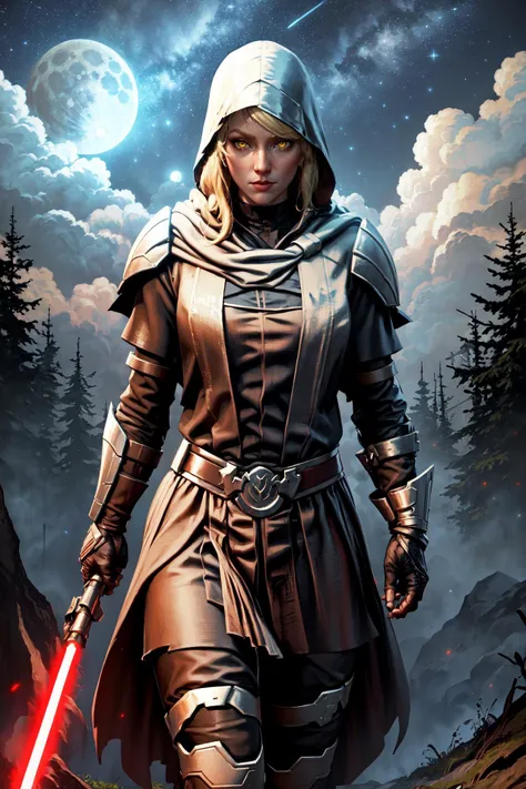 (masterpiece, best quality), outdoors, cold forest, moon, starry sky, (misty), 1girl, solo, LanaBeniko, yellow eyes, blonde hair, <lora:LanaBeniko_V2-Manityro-kofte:1.0>, toned, LanaBenikoKofte, hood, hood up, ((hooded cloak)), holding lightsaber, <lyco:UnlimitedBladeWorks1.6:0.9>