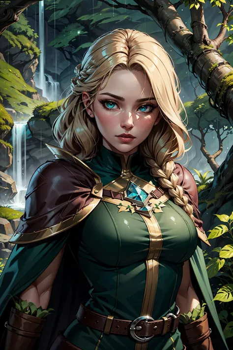 Comic art, Flat-colors,
1 girl, adult (elven:0.7) woman, aquamarine eyes, dark blonde waterfall braid,
portrait, looking at viewer, solo, upper body, detailed background, detailed face, scout, dynamic pose, medieval fantasy setting, high fantasy, green furred leather clothes, capelet, gloves, belt, serene forest, bushes, vines, ivy, rocks, lake, (Style-SwampMagic:0.4), evergreen trees, moss, ferns, birds, feathers, crossbow, rain, mist,
<lora:fractalized:0.2>, fractal_environment,