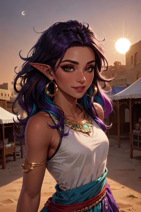 8k RAW photo, 1girl, dynamic pose, (sun eclipse in background:1.2), high detailed, best quality, masterpiece, close up, elf, adult, young, skinny and slim, athletic, dark skin, sunburnt, (brown eyes:1.2), small breast, narrow waist, wearing (multicolored gypsy fluffy dress), colorful clothes, multiple jewelry, (vibrant purple hair), shaggy hair, wild hair, thick hair, long hair, (fantasy arabian theme:1.2), desert background, ancient arabian town, town square, bazaar, festival, depth of field, heavy shadows, vibrant, dramatic, (pretty face), (pretty eyes), joyful expression, smile, makeup, eyeliner, eyeshadow, mascara, realistic