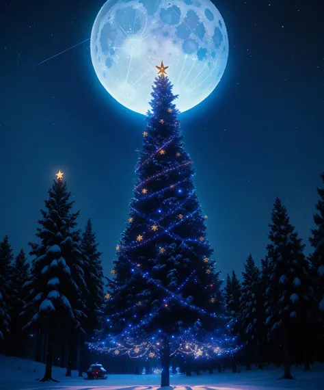 Christmas night, winter wonder land, snow, moon light, cinematic, epic lighting, holy night, night sky, Christmas eve, landscape, UFO, award winning photo of the holy Christmas spirt