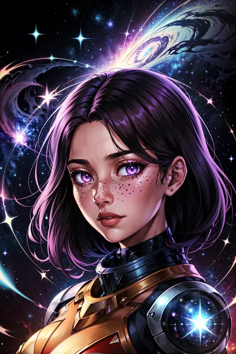 Comic art, Flat-colors,
1 girl, adult woman, freckles, purple eyes, medium brown lob hair,
solo, half shot, looking at viewer, detailed background, detailed face, (<lora:teslapunkai_v20:0.4>, valvepunkai, retro-futuristic theme:1.1) (glowing eyes:1.05), living star constellation, star sign, horoscope, calm composure, serene, virgo, esoteric geometric patterns, interstellar power, galaxies, glow, cosmic dust, cosmic space background, surreal ethereal atmosphere,
<lora:priconneCharacterFocus3_v1Counterfeit:0.3>,
