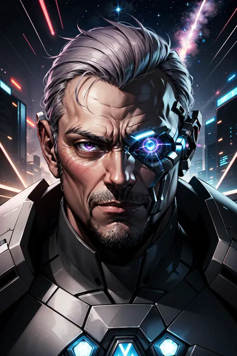 Comic art, Flat-colors,
(1man, wrinkled face, old spanish male:1.2), frail, purple eyes, gray hair, clean-shaven,
cyborg portrait, looking at viewer, solo, half shot, detailed background, close up, detailed face, futuristic glowing digital green adamantium armor, thick armor, rectangular pattern, high-tech, advanced technology, nanotech, (open helmet:0.6), epic galactic starry outer space in background, lens flare, lasers, electricity, explosions, screens, hologram, cinematic atmosphere,
<lora:hipoly3DModelLora_v10:0.1> <hypernet:sxzBloom_sxzBloom:0.1>,