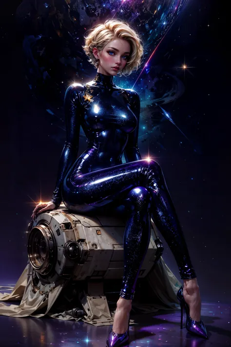 (best quality, masterpiece, realistic, detailed), cyber enhanced female cyborg wearing ((navy blue:1.2) cosmic glam bodysuit:1.1) (glimmering galaxy leggings with space odyssey hues:1.1), full body, sitting, legs crossed, (tte--tte, lavender sparkle color background:1.3), nebula background, petite body, hourglas figure, large breasts, mg_jijia_girl, machinery, mecha BREAK (long straight blonde hair, mid parted hair, pronounced blush:1.2)