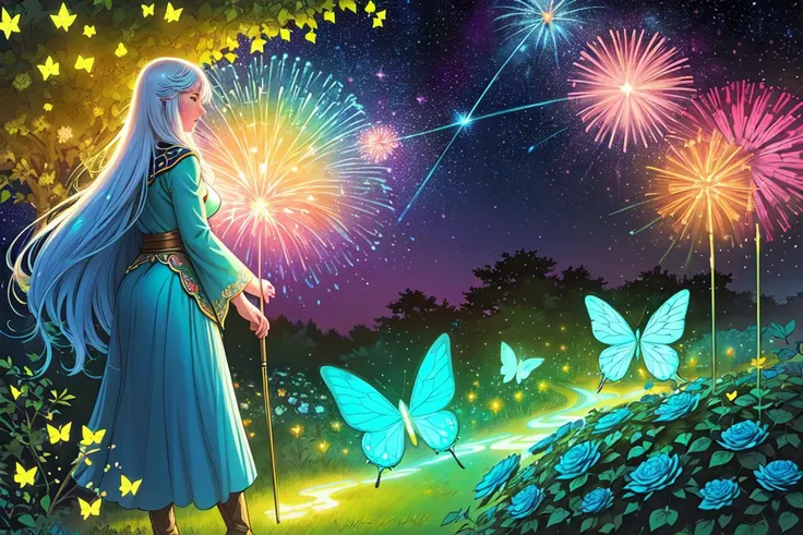 Comic art, Flat-colors,
1 girl, adult (elven:0.7) woman,  minimalism 
  1girl, aged up
e celestial fireworks starry sky,floral atmosphere,vibrant godray effect on a realistic,hyperdetailed vibrant glowing petal,luminous foliage,dreamlike wonderland-garden naughty butterflies
<lora:fractalized:0.2>, fractal_environment,
