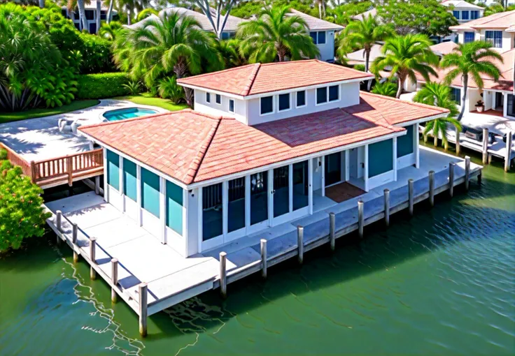 photo of florida waterfront home, drone photo, house on street paver driveway in front, dock in back , great location , real location, sarasota, long boat key,
