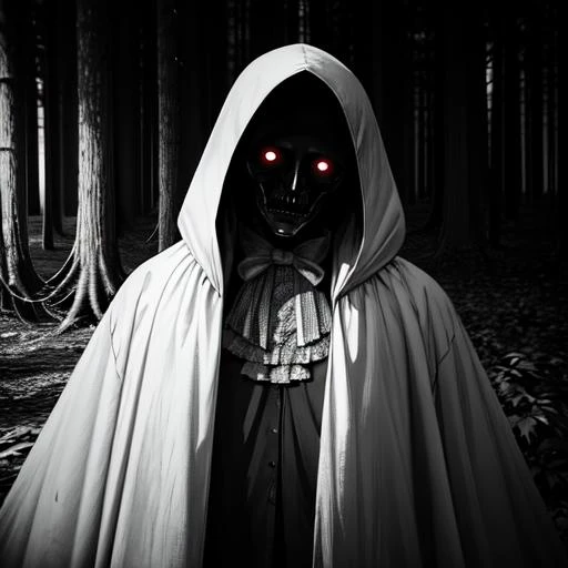occult, old photo, dark creepy, hooded cultist, forest, black and white photo, dark, shadow, distorted, grainy, film grain, Victorian