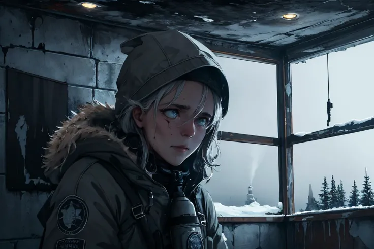 close up photo of a pensive and slightly frightened explorer holding a gas lamp, breath vapor, condensation, arctic parka, high detail, hdr, uhd, 4k, john carpenter's the thing, snow, abandoned and ruined antarctic base interior, cold, horror vibes, decrepit walls, blood splatters on the walls, burnt walls with holes in them, holes in the ceiling, dark ewnvironment, night in antarctica, dark