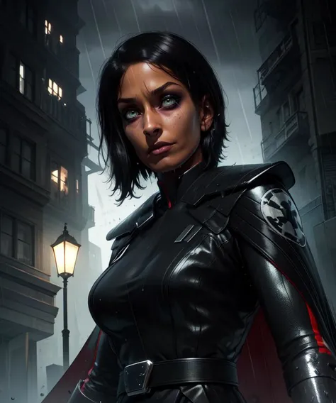 Trilla,short hair,green eyes,eye shadow,
looking at viewer,serious,upper body,
armor,gloves,black bodysuit,black cape,black pants,belt,
standing,upper body,
raining,metal platform,night,
science fiction,
(insanely detailed, beautiful detailed face,beautiful detailed eyes, masterpiece, best quality),<lora:Trilla-14STWFEv14:0.8>,