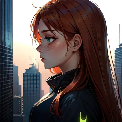 masterpiece,best,great,1girl,ginger hair, freckles, green eyes,solo,white background,simple background,double exposure,silhouette,empty silhouette,close-up,upper body silhouette,cityscape in silhouette,building,long hair,from side,
