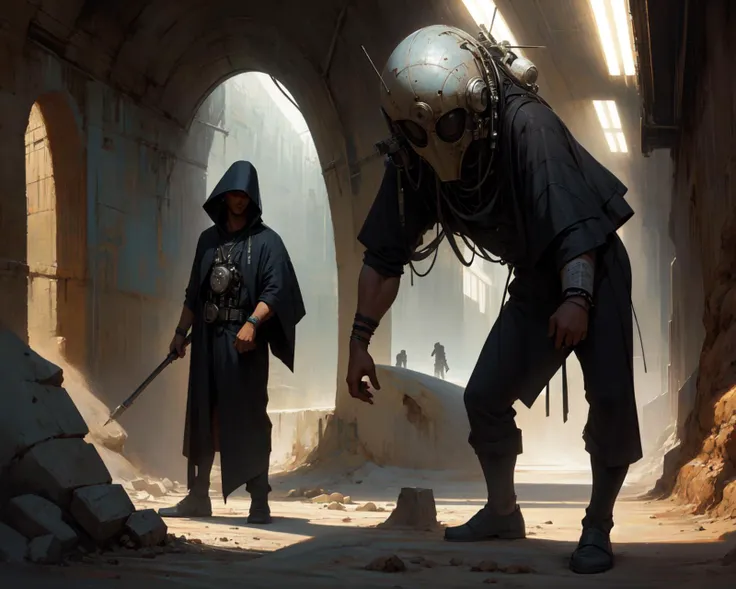 photorealistic, (hyperrealistic:1.2), beautiful, masterpiece, best quality, perfect lighting, science fiction, tunnel, (<lora:Biomechanicals_v2_lora1500:1>, hnsrdlf style:1.0)
BREAK
1man, warrior, black robe, desert, (<lora:derpd - DerpdeedooStyle:0.5>, derpd:0.6)