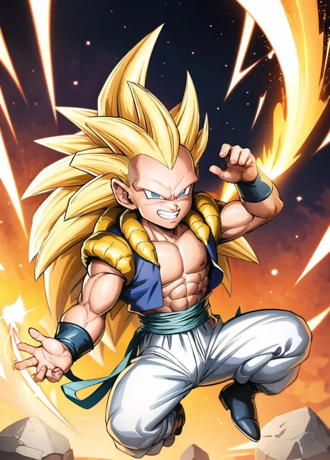 masterpiece, best quality, highest quality, perfect anatomy, perfect face, perfect eyes, well defined corneas,
<lora:gotenx_ss3_lora_01:0.7>, gotenx-ss3-smf, super saiyan, 1boy, male focus, blonde hair, solo, muscular, blue eyes, smile, spiked hair, abs, energy ball, electricity, long hair, full body, looking at viewer, no eyebrows, pants, grin, white pants, sash, aura, blue sash, pectorals, super saiyan 3, teeth, muscular male, energy, boots, dougi energy around, high energy, chi, super saiyan 3, electricity, ((high energy)), sparks. rock field