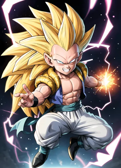 masterpiece, best quality, highest quality, perfect anatomy, perfect face, perfect eyes, well defined corneas,
<lora:gotenx_ss3_lora_01:0.7>, gotenx-ss3-smf, super saiyan, 1boy, male focus, blonde hair, solo, muscular, blue eyes, smile, spiked hair, abs, energy ball, electricity, long hair, full body, looking at viewer, no eyebrows, pants, grin, white pants, sash, aura, blue sash, pectorals, super saiyan 3, teeth, muscular male, energy, boots, dougi